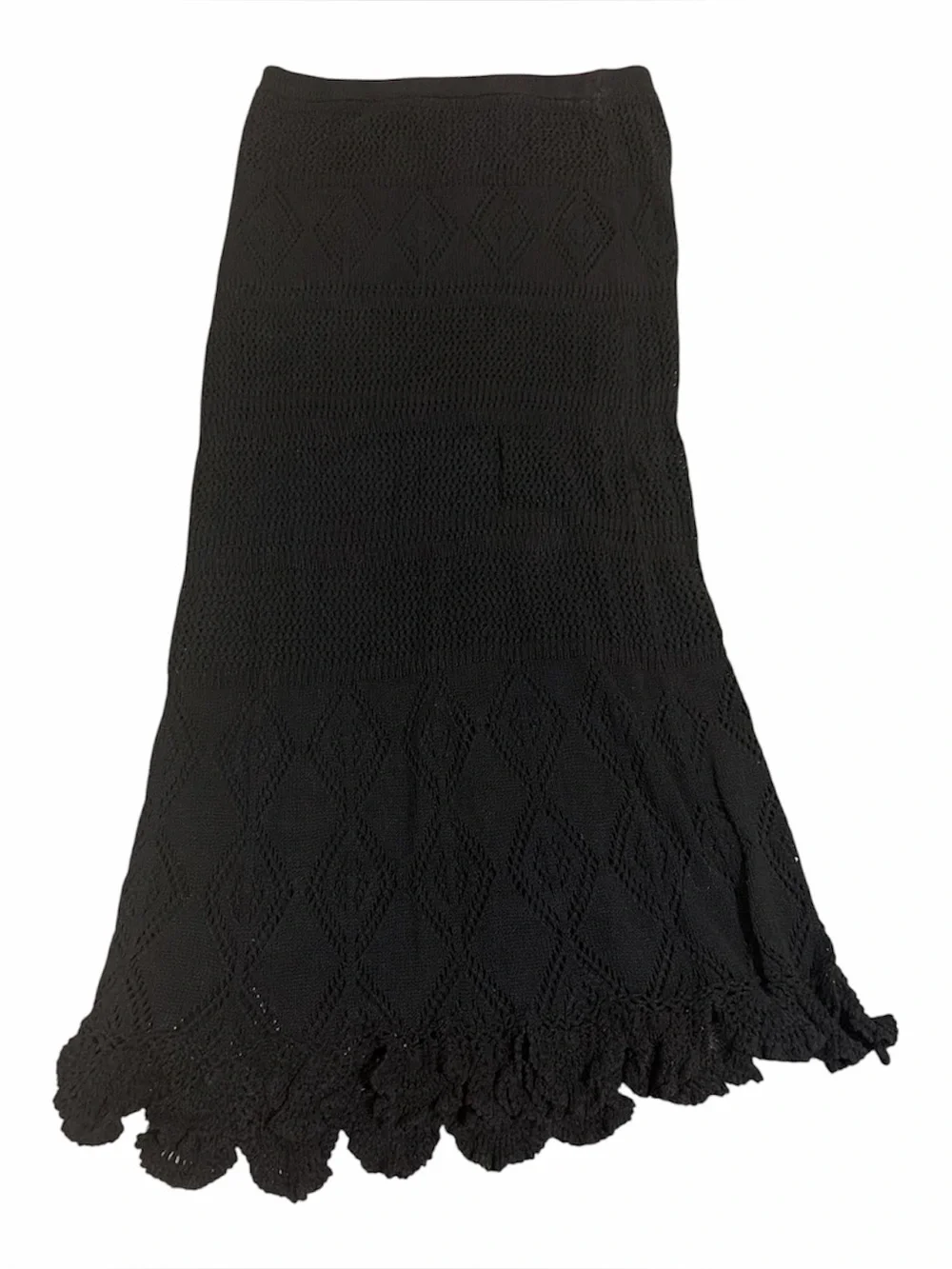 Linea Domani Black Crochet Knit Maxi Skirt Scalloped Mermaid Boho Lined L